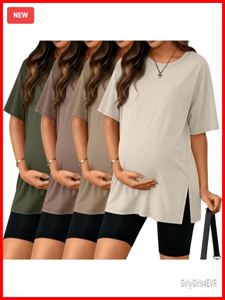 4 Pack Maternity T Shirts Short Sleeve Split Side Pregnancy Tee Loose Crewneck